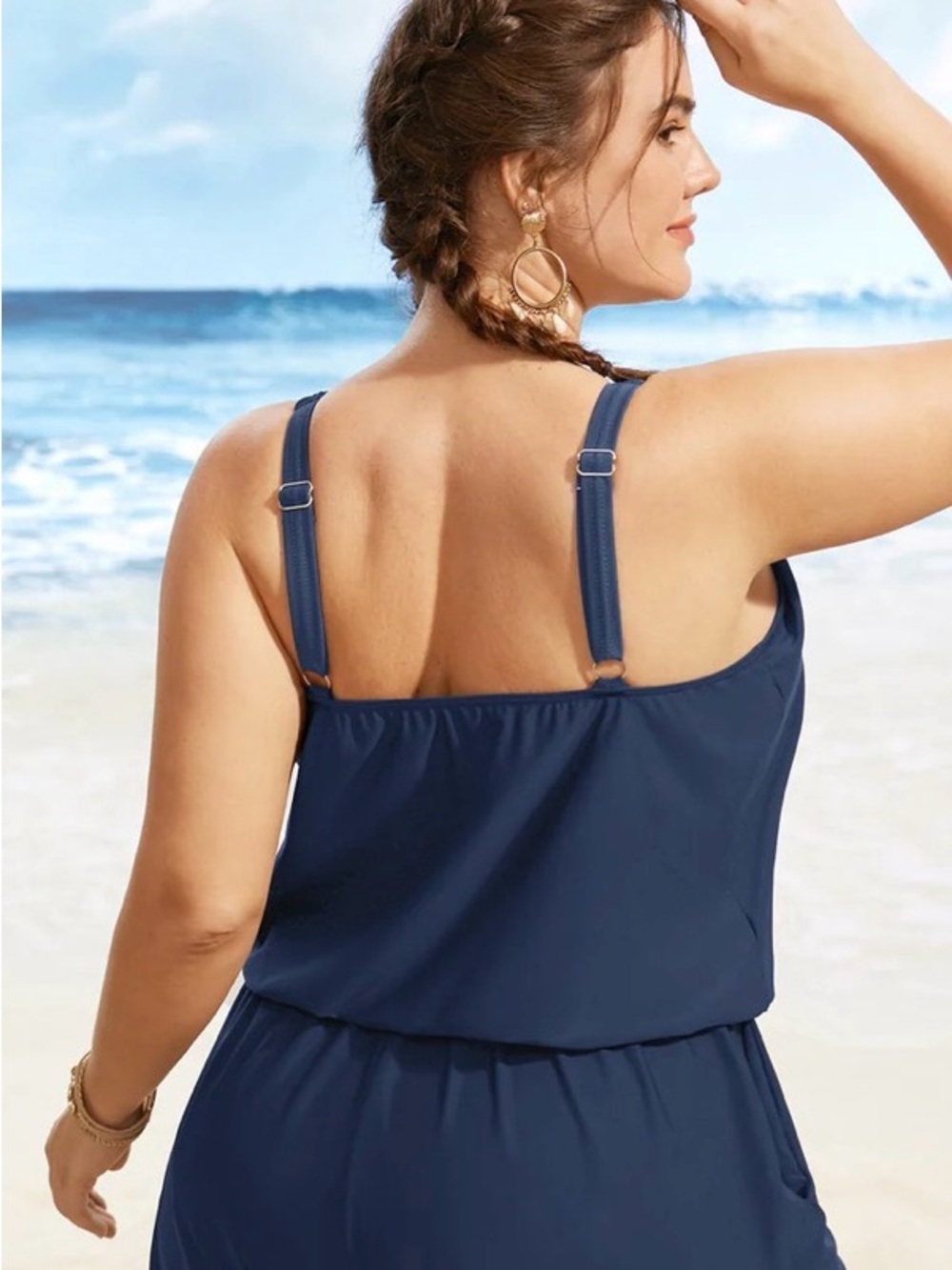 BLOOMCHIC Solid Keyhole Elastic Waist Gathered One Piece Swimsuit 12 Stone NWT - Picture 2 of 10